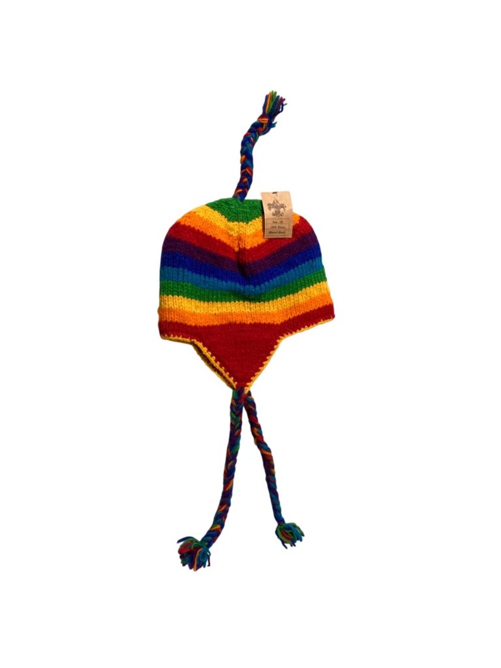 Rainbow Striped Hand-Knit Woolen Earflap Hat With Braided Tassels